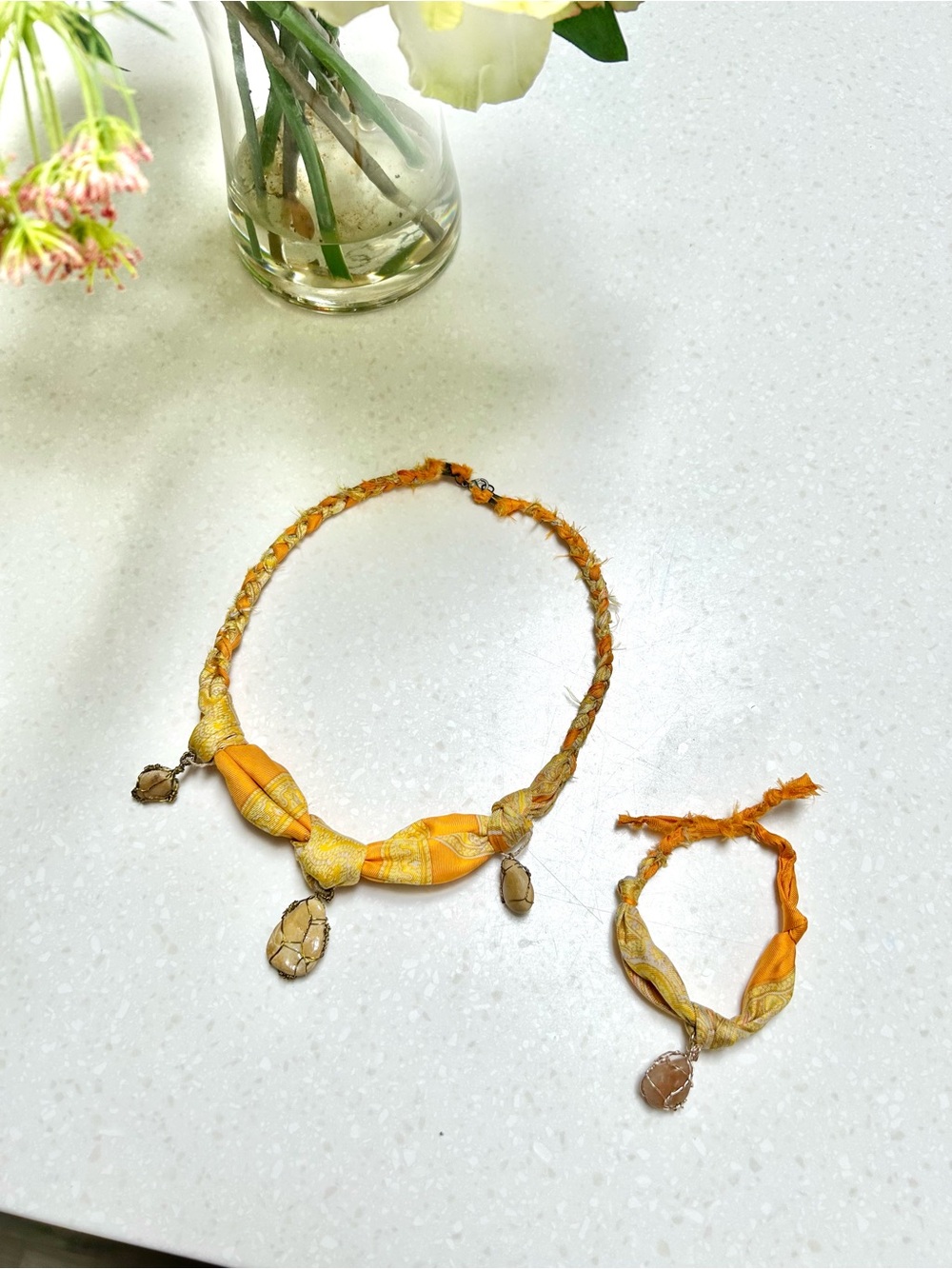 Silk boho necklace and Bracelet Set with natural Stone Pendants